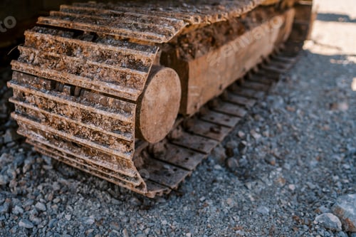 Preview: Caterpillar of a cargo transport stands on gravel. Close-up