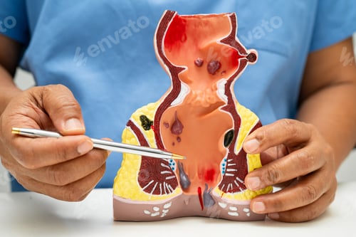 Preview: Asian doctor with rectum and hemorrhoid human anatomy model