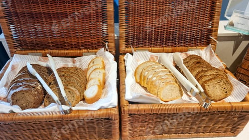 Preview: Bread in a basket at a breakfast buffet in a luxury hotel