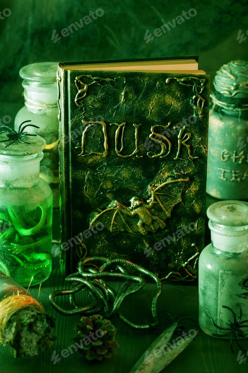 Preview: witch apothecary jars magic potions book halloween decoration