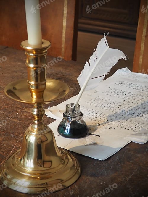 Preview: Vintage candlestick, inkwell with pen and old letter - antique desk