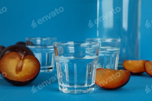 Preview: Bottle and shots of plum vodka and ingredients on blue background
