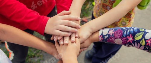 Preview: hands of children, many friends, games. Selective focus
