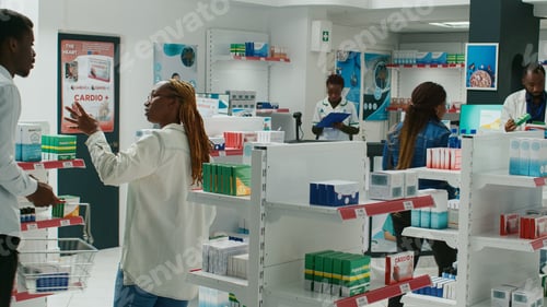 Preview: African american people looking at pharmaceutics
