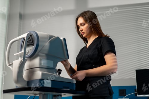 Preview: in an ophthalmology clinic a female doctor performs diagnostics using a device with red