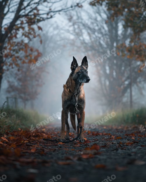 Preview: Alert Belgian Malinois on Misty Autumn Path