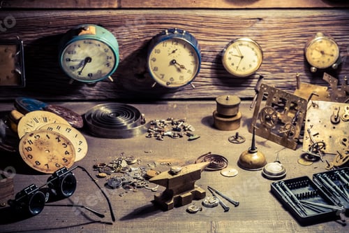 Preview: Watchmaker's room with clocks to repair