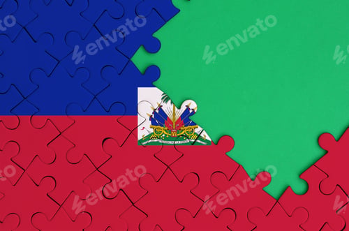 Preview: Haiti flag is depicted on a completed jigsaw puzzle with free green copy space on the right side.