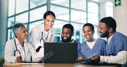 Preview: Healthcare, meeting and doctors, nurses and laptop in office with documents for medical compliance,