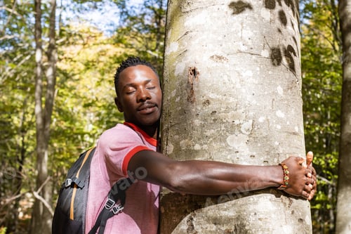 Preview: Happy man hugging a tree.