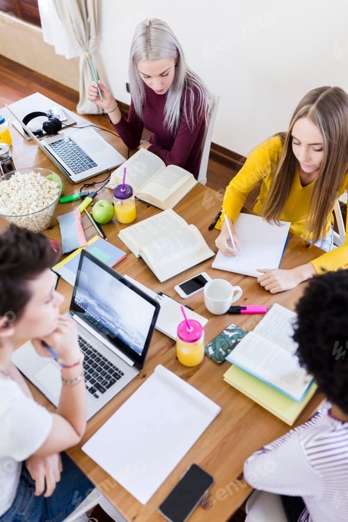 Preview: Group of female students working together at table at home