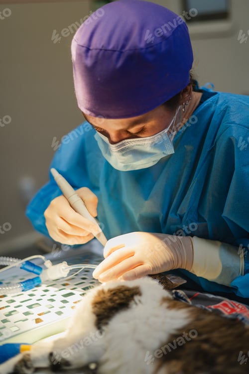 Preview: Veterinarian performing surgery using specialized equipment on a cat