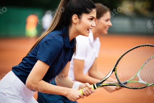 Preview: Fit happy poeple playing tennis together. Sport concept