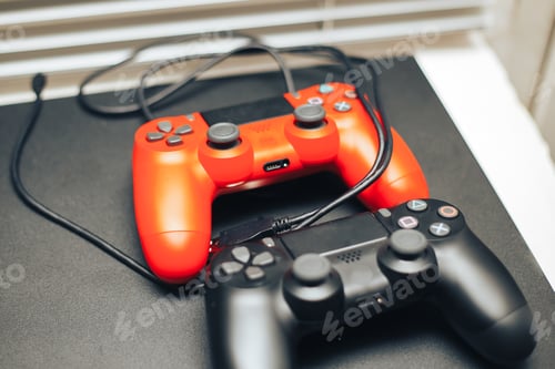 Preview: Computer game competition. Gaming concept. red and black joysticks on black background