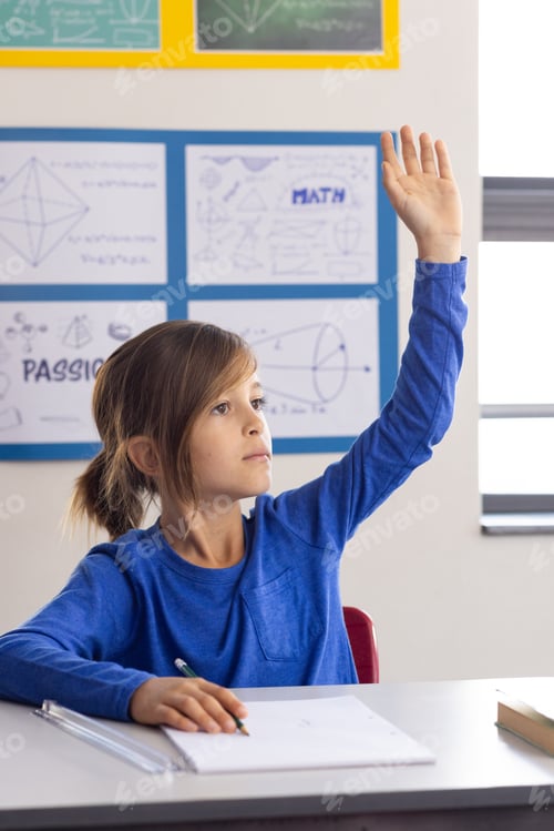 Preview: In school, boy raising hand while sitting at desk with notebook