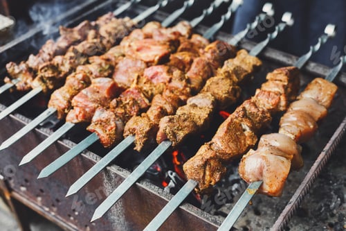 Preview: Beef and chicken kebab. Fresh meat at grill, bbq