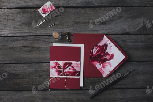 Preview: composition of holiday invitations and ink pen on rustic wooden table