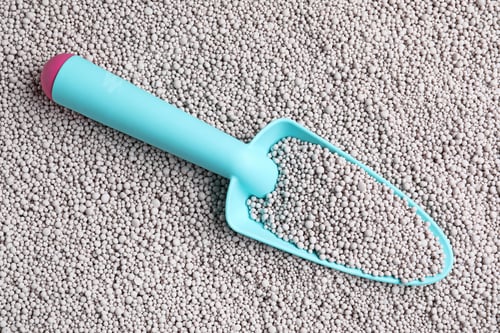Preview: Metal gardening trowel and chemical fertilizer, top view