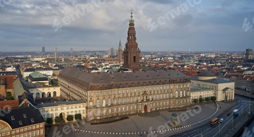 Preview: Aerial view of Christiansborg Palace in morning sun, Denmark