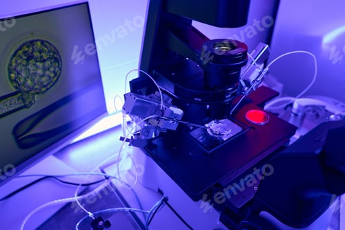 Preview: Laboratory worker using micropipette to make icsi procedure