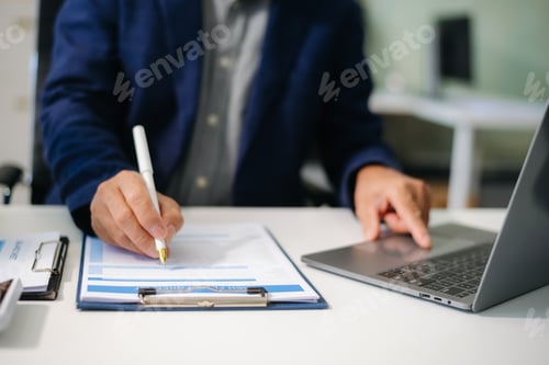 Preview: Business People Talking Discussing with financial document data charts and graphs Team business