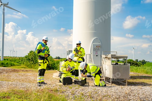 Preview: Wind turbine inspector wearing Personal protective equipment working at wind turbines farm.