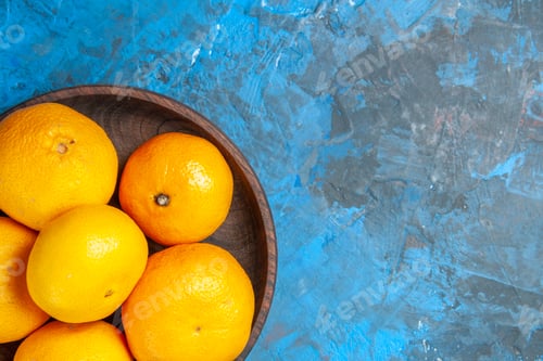 Preview: top view fresh tangerines inside plate on blue background tree color citrus fruit photo juice