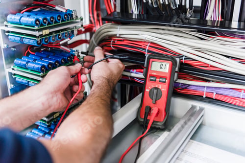 Preview: Close-up of man using voltmeter in factory