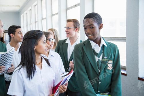 Preview: Students in uniform conversing in a bright corridor.