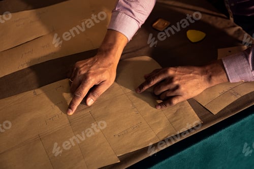 Preview: Close up of fale fashion tailor hands working on the measurements.