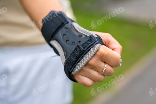 Preview: Close up view of hand in protection glove of roller skater woman in inline skates rollerblading in