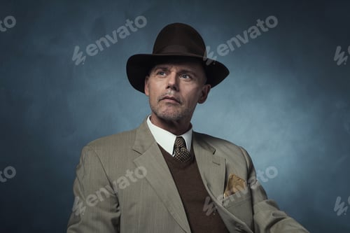 Preview: Fashionable Retro 1940 Business Man With Hat Against Gray Wall.