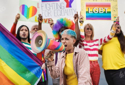 Preview: Serious peole at gay pride parade with banner and rainbow flag