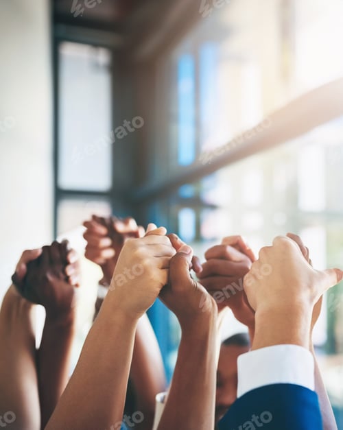 Preview: Business people, holding hands and group unity with support for team building, solidarity or collab