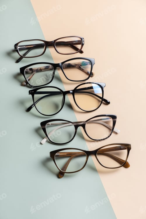 Preview: Stylish eyeglasses on colored background. Optical store, vision test, stylish glasses concept.