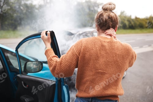Preview: Rear View Of Female Motorist With Head Injury Getting Out Of Car After Crash