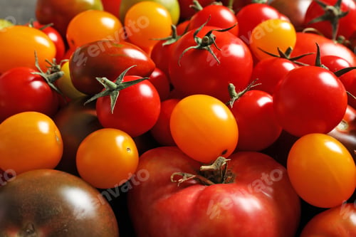 Preview: Pile of tasty juicy tomatoes as background, closeup