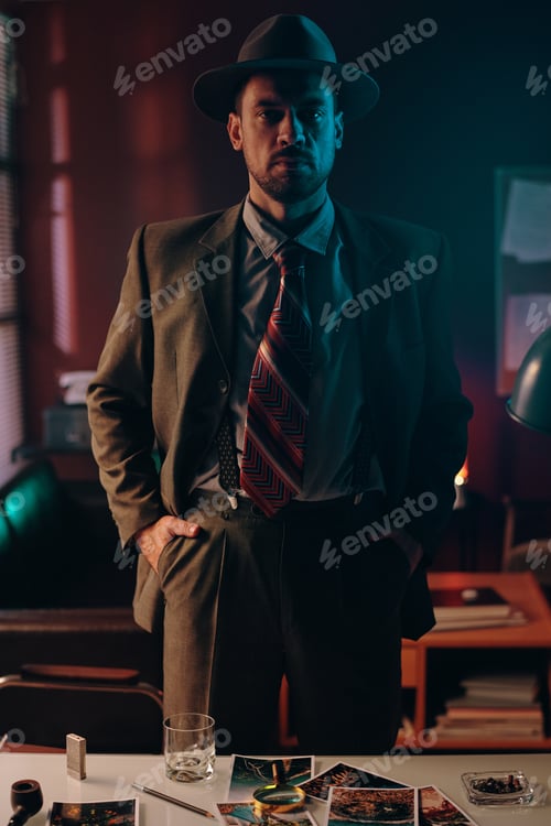 Preview: Young man in old fashioned suit and hat standing in front of camera