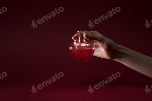 Preview: cropped image of woman holding heart shaped glass jar of perfume isolated on red