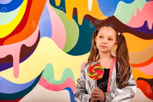 Preview: Thoughtful kid girl in bright attire with giant round lollipop at colorful wall, thought looking