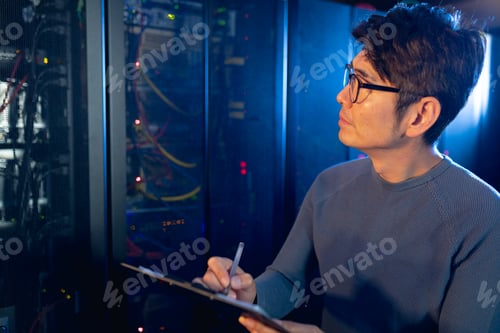 Preview: Asian male engineer writing on clipboard while inspecting in computer server room