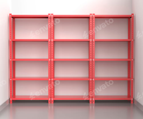 Preview: Warehouse with empty metal shelving units