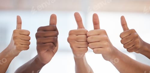 Preview: Hands, thumbs up and business people with thank you, success and yes sign on blurred background. Pa