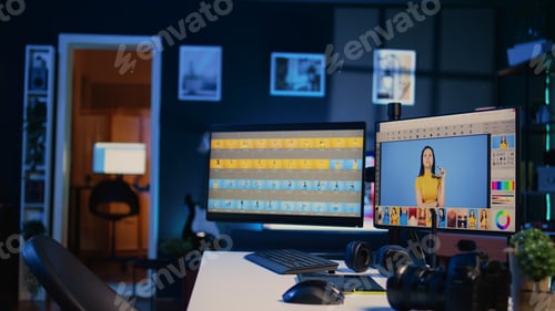 Preview: Creative office desk with multi monitor computer setup used for image retouching, zoom in shot