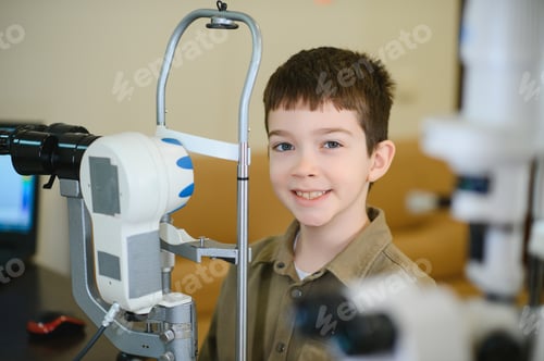 Preview: Smiling boy undergoing vision diagnostics with modern equipment in ophthalmology clinic