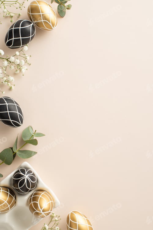 Preview: Elegant Easter setting: Overhead vertical image of rich black and gold eggs in a pottery stand