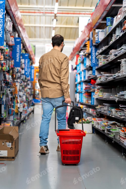 Preview: Man shopping in large stationery store aisle