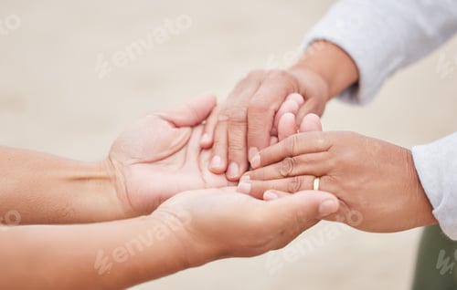 Preview: Hand holding, couple and marriage on beach, ring and love in commitment ceremony, anniversary or ce