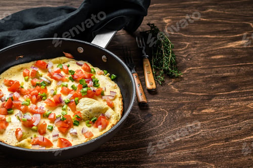 Preview: Healthy breakfast food, Stuffed egg omelet with vegetables in a skelet