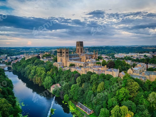 Preview: Aerial view of the Durham Cathedral, castle and river on a sunset